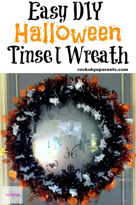 Easy DIY Halloween Tinsel Wreath Halloween Wreath Diy Easy, Diy Halloween Food, Tinsel Wreath, Fall Family Fun, Halloween Decor Diy, Fun Fall Crafts, Diy Halloween Wreath, October Halloween, Wreath Diy