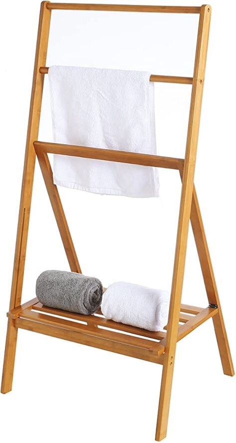 Amazon.com: MyGift Freestanding 43-Inch Bamboo Folding Towel Stand with Shelf, Brown: Home & Kitchen Leaning Ladder Shelf, Toallero Ideas, Standing Towel Rack, Free Standing Towel Rack, Folding Towels, Storing Towels, Towel Shelf, Towel Stand, Bamboo Bathroom