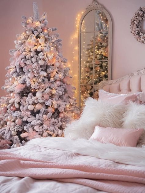 Pink Christmas Bedroom, Pink And White Bedroom, Pink Winter, Bedroom Christmas, Christmas Bedroom, White Bedroom, Pink Christmas, Pink And White, Pretty In Pink