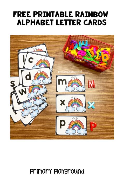 Free printable rainbow alphabet letter cards spread out on a wooden surface, with colorful plastic letters in a red basket. Free Printable Rainbow, Rainbow Alphabet, Kindergarten Games, Educational Games, Lettering Alphabet, Free Printable, Free Printables, Kindergarten, Alphabet