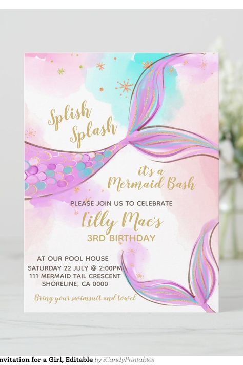 Mermaid Birthday Invitation for a Girl, Editable Little Mermaid 5th Birthday Party Ideas, Mermaid 1st Birthday Party, Mermaid Birthday Party Invitations, Ariel Birthday Party, Mermaid Theme Birthday Party, Ariel Birthday, 5th Birthday Party Ideas, Mermaid Birthday Invitations, Mermaid Theme Birthday