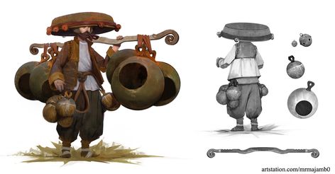 ArtStation - Merchant guy concept, Rashad Pozdnyakov Merchant Concept Art, Merchant Character Design, Wandering Merchant, Merchant Character, Fantasy Merchant, Game Concept Art, Dungeon Master, Creature Art, Fantasy Character Design