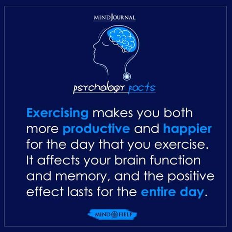 Exercising makes you both more productive and happier for the day that you exercise. It affects your brain function and memory, and the positive effect lasts for the entire day. #happy #exercising #healthy #mentalhealth Physcology Facts, Body Facts, Wierd Facts, Physiological Facts, Psychology Notes, Human Body Facts, Psychological Facts Interesting, Basic Anatomy And Physiology, Fitness Facts