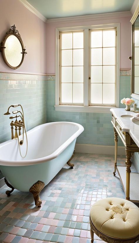 28 Charming Vintage Bathroom Decor Ideas Light Blue Vintage Bathroom, Bathroom 1930s Style, Blue Vintage Bathroom, Vintage Bathroom Decor Ideas, Vintage Tile Bathroom, Bathroom Moodboard, 1950s Bathroom, Vintage Bathroom Ideas, Kitchen Decor Trends