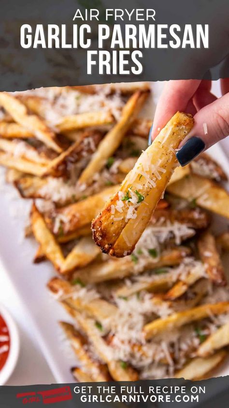 We're crushing on these garlic parmesan fries. The secret to perfect French fries that are golden brown and have an epic crispy texture? Use your air fryer! We're showing you jus how easy this recipe is. Potato Fries In Air Fryer, Parmesan French Fries, Fries In The Air Fryer, Crunchy Garlic, Perfect French Fries, Duck Fat Fries, Garlic Parmesan Fries, Air Fryer Garlic, Parmesan Fries