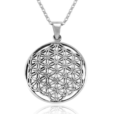 Flower Of Life Mandala, Round Pendant Necklace, Sterling Silver Chain Necklace, Sterling Silver Flowers, Flower Of Life, Rolo Chain, Silver Chain Necklace, Round Pendant, Silver Flowers