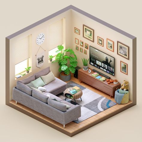 Cozy Isometric Room - Artwork / Finished Projects - Blender Artists Community Living Room 3d Design, Isometric Room, 3d Living Room, Desain Pantry, House Floor Design, Sims 4 House Design, Isometric Design, Sims House Design, Interior Design Art