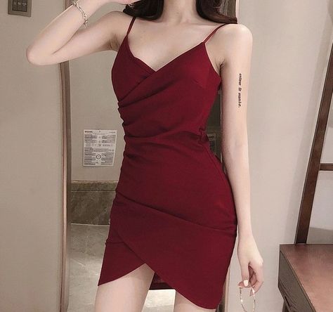 Maine Draped V-Neck Spaghetti Strap Bodycon Mini Dress | YesStyle Bodycon Dress Outfit Party, Dress Outfits Party, Body Con Dress Outfit, Tight Dress Outfit, Mini Bodycon Dress, Red Dress Outfit, Korean Fashion Dress, Korean Girl Fashion, Teenage Fashion Outfits