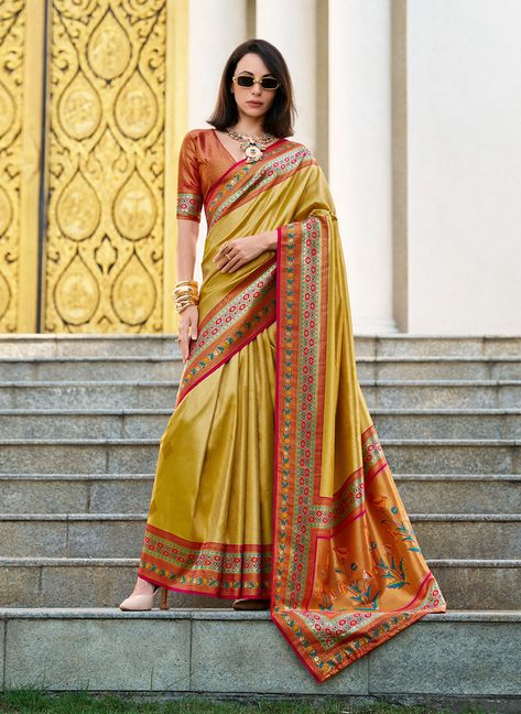 This mustard silk and tissue trendy saree is accenting the gorgeous feeling. It is uniquely crafted with weaving and zari work. Comes with matching blouse. (Slight variation in color, fabric & work is possible. Model images are only representative.) Tissue Sarees, Linen Sarees, Tissue Saree, Handloom Saree, Saree, India, Silk, Yellow