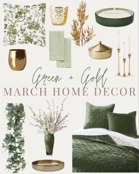 Green White And Gold Home Office, Light Green House Decor, Grey Green Gold White Bedroom, Green Gold Cream Bedroom, Green And White House Decor, Sage Green Decorations Bedroom, Office Decor Green And Gold, Green And Tan Bedroom Aesthetic, Sage Green And Gold House Decor