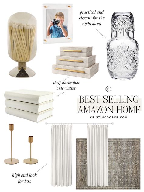 Best Selling of Amazon Home match cloche // acrylic floating frame // leather decorative boxes // glass carafe and cup // faux book stack // gold candlesticks // pinch pleat drapes // area rug For more home decor finds head to cristincooper.com Match Cloche Decor, Zgallerie Canister, Best Neutral Coffee Table Books, Faux Book Stack, Match Cloche, Candle Cloche, Pinch Pleat Drapes, Brass Candlesticks Set, Gold Bookends