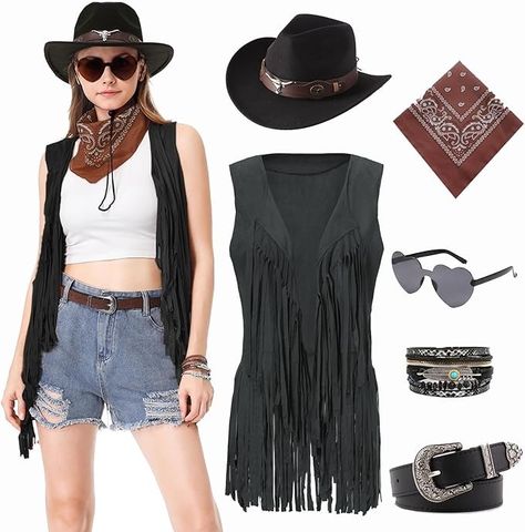 Amazon.com: yawclaw Western Outfit for Women Cowgirl Costume Adult Western Cowgirl Tassels Fringe Vest with Hat Belt Bandana Bracelet : Clothing, Shoes & Jewelry Cow Girl Outfits Ideas, Cowboy Costume Women's, Western Gothic Fashion, Cowgirl Outfits Black Women, Fringed Vest Outfit, Costume Cowgirl, Western Cowgirl Outfits, Cowgirl Vest, 70s Disco Outfit