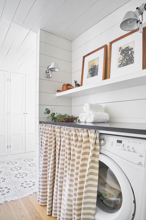 Laundry Room Curtains, Laundry Room/mudroom, Stacked Laundry Room, Laundry Nook, Hidden Laundry, Laundry Room Ideas Small Space, Tiny Laundry Rooms, Stylish Laundry Room, Cottages And Bungalows