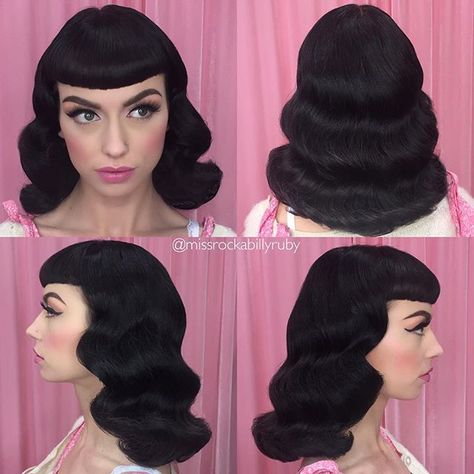 Total Bettie Page vibes with @bryona_ashly today! Shooting for @pinupgirlclothing 💗💗💗 Hair by me #missrockabillyruby and makeup by @erikareno_artistry 💗💗💗#pinuphair #pinup #vintagehair #hairbymissruby #bettiepage Pinup Bangs, Bryona Ashly, Pin Up Bangs, Betty Bangs, Bettie Bangs, New Look Ideas, Retro Updo, Classic Lifestyle, Pinup Hair