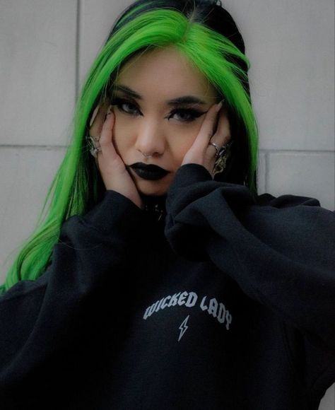 Cute Split Dyed Hair, Lime Green Money Piece Hair, Side Part Split Dye, Neon Green Hair Streaks, Black And Neon Green Hair, Shego Hair, Green Money Piece Hair, Black Hair With Color, Hairstyles For Special Events