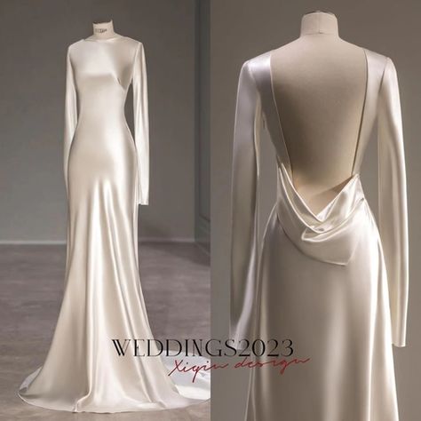 Silk Gown Wedding Dress, Long Sleeve Backless Wedding Dress Simple, Wedding Dress Open Back Long Sleeve, Long Sleeve Ethereal Wedding Dress, Elopement Looks Brides, Wedding Dresses Long Sleeve Modest, Silk Low Back Wedding Dress, Femme Fatale Wedding Dress, Low Back Wedding Dress With Sleeves