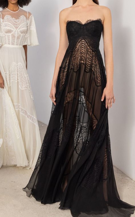 Silk Chiffon And Lace Gown By Zuhair Murad | Moda Operandi Couture Evening Dress, Upscale Fashion, Vacay Outfits, Black Prom Dress, School Clothes, Sheer Overlay, Zuhair Murad, Lace Gown, Fancy Outfits