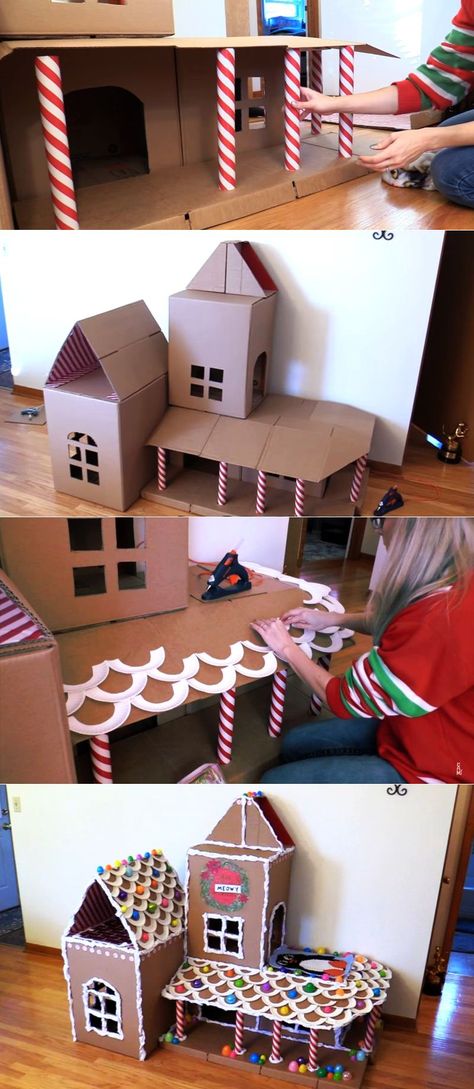 DIY Gingerbread Cat House – Engaging Holiday Project For Your Kids #cathouse #gingerbreadcathouse #catfurniture #DIY Cat Home Diy Cardboard, Diy Cat House Indoor Cardboard, Cat Gingerbread House, Cardboard Box Cat House Diy, Diy Cat House Indoor, Cardboard Cat House Diy, Christmas Cat House, Cat Diy Projects, Diy Cat House