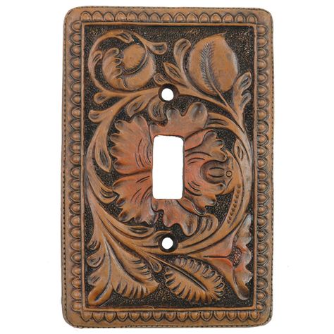 Tooled Leather Single Switch Plate Cover Rustic Switch Plate Covers, Rustic Light Switch Covers, Rustic Switch Plates, Switchplate Covers, Black Forest Decor, Tooling Patterns, Cowboy Decorations, Trailer Living, Leather Crafting