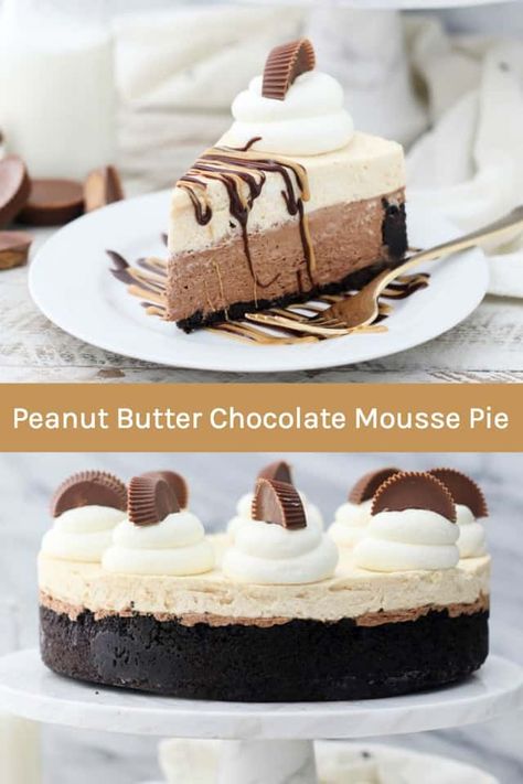 This Peanut Butter Chocolate Mousse Pie is absolutely mouthwatering. The buttery Oreo crust is filled with a light and fluffy chocolate mousse followed by an easy, silky, peanut butter mousse. You HAVE to try this No-Bake Reese's Peanut Butter Mousse Pie. #peanutbuttermousse #peanutbutterchococlatemousse #peanutbuttermoussepie #mousserecipe #peanutbutterchocolatemoussecake #peanutbutterchocolatemoussepie #mousserecipeseasy #moussecake Freezer Pies, Chocolate Mousse Pie Recipe, Peanut Butter Chocolate Mousse, Peanut Butter Mouse, Peanut Butter Mousse Pie, Mousse Recipes Easy, Homemade Pie Recipes, Peanut Butter Cup Cheesecake, Chocolate Mousse Pie