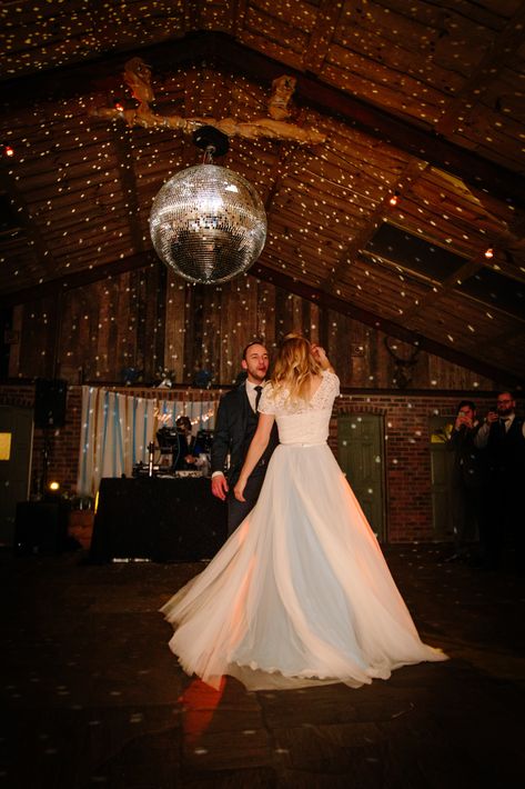 Barn Wedding Lights Ceilings, Discoball Dance Floor Wedding, Mirror Ball Wedding Decor, Disco Ball At Wedding, Country Disco Wedding, Disco Ball Wedding Dance Floor, Mirrorball Wedding, Mirror Ball Wedding, Barn Wedding Lighting