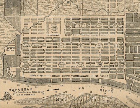 Interesting fact about Savannah! General James Edward Oglethorpe founded Savannah in 1733. He organized the city into grids (squares). That's why Savannah has been dubbed "America's first planned city!" #savannahhistory  picture source: http://www.pinterest.com/pin/458100593316214009/ Savannah Map, Memory Palace, Savannah Tours, Georgia History, City Grid, Georgia Map, York County, Bird's Eye View, Old Maps