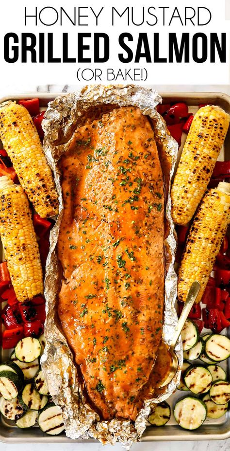 Grilled Salmon in Foil (with Honey Mustard Marinade!) Grilled Salmon Marinade, Mustard Marinade, Honey Mustard Marinade, Salmon In Foil Recipes, Honey Mustard Salmon, Salmon Marinade, Bbq Salmon, Salmon In Foil, Mustard Salmon