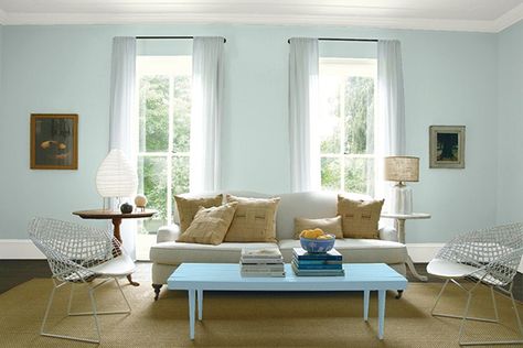 8 paint colours that interior designers always use  Benjamin Moore Woodlawn Blue Purple Pillows Living Room, Benjamin Moore Decorators White, Decorators White, Decorators White Benjamin Moore, Big Houses Interior, Woodlawn Blue, Best Gray Paint, Best Neutral Paint Colors, Furnitur Ruang Keluarga