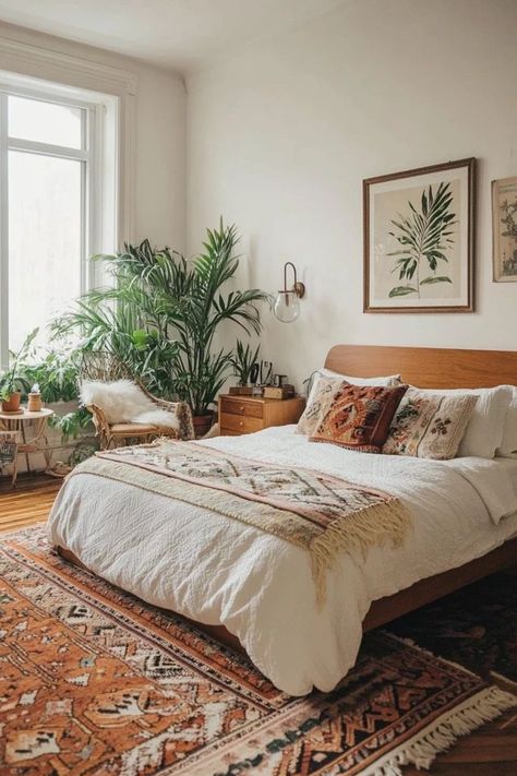 "Create a relaxing retreat with a Modern Boho Bedroom! 🛏️🌿 Perfect for combining eclectic touches, natural elements, and vibrant colors in your sleep space. 🌟✨ #BohoBedroom #ModernDecor #BedroomInspiration" Bedroom Ideas Boho Earthy, Bohemian Bedroom Colors, Boho Eclectic Bedroom, Eclectic Boho Bedroom, Boho Style Bedroom Ideas, Exotic Bedrooms, Bedroom Rug Placement, Style Bedroom Ideas, Eclectic Bedroom Design