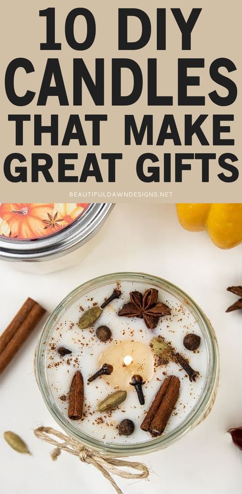 DIY candles make great gifts. You'll find 10 DIY candles that make great gifts for yourself or friends and family. Pumpkin spice candle tutorial. Homemade Candle Recipes, Fall Candles Diy, Candle Scents Recipes, Candle Making For Beginners, Candle Making Recipes, Christmas Candles Diy, Diy Candles Homemade, Gifts For Yourself, Homemade Scented Candles