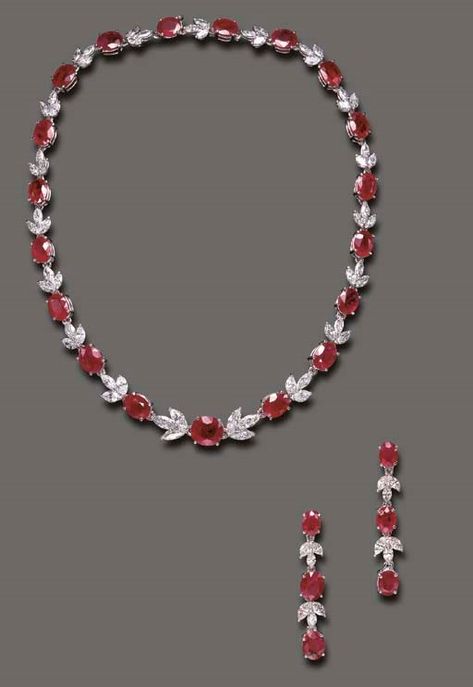 A SUITE OF RUBY AND DIAMOND JEWELRY | Christie's Ruby Set Jewelry, Diamond Ruby Necklace, Ruby Diamond Necklace, Ruby Diamond Pendant, Colored Diamond Jewelry, Ruby And Diamond Necklace, Ruby Jewellery, Ruby Set, Tiaras Jewellery