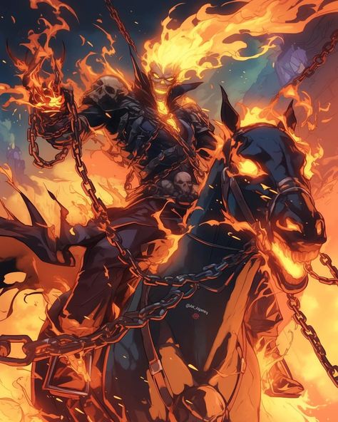 AK AI Art | 🔥 ☠️ 💀 What if Ghost Rider transformed into a Reaper? Imagine him wielding cursed powers, a scythe, and chained to a haunted horse! 🏇💀 How… | Instagram Ghost Rider Horse, Ghost Rider Art, Rider Wallpaper, Imagine Him, Ghost Rider Wallpaper, Anime Pic, Sound Off, Lion Images, Wild Hunt