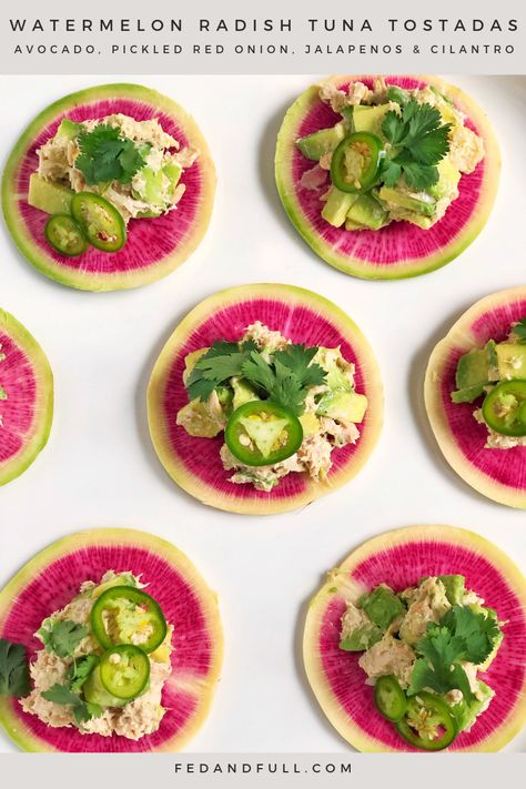 WATERMELON RADISH TUNA TOSTADAS WITH AVOCADO, PICKLED RED ONION, SLICED JALAPENOS & FRESH CILANTRO Watermelon Radish Recipe, Tuna Tostadas, Classic Tuna Salad, Pickled Red Onion, Watermelon Radish, Radish Recipes, Whole 30 Approved, Lunch Recipe, Make Ahead Lunches