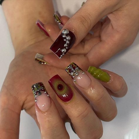 freestyle sets >>>😍😍 • • • • • #nail #nailinspo #nailsnailsnails #naildesign #nailartist #brightonnailtech #brighton #brightonnailsalon #brightonnails #sussexnails #sussex #hovenails Plus Size Nails, Fall Nails Colorful, Red Themed Nails, Cool Fall Nails, Nail Art Inspo Aesthetic, Fall Nails Maroon, Nails Maroon, Chrome Cross, Nail Piercing