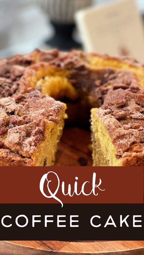 This Quick Coffee Cake is a delicious, flavor packed cake that is ready for the oven in under 10 minutes! Perfect for breakfast, snacks, sweet treats, or having guests over! Bus Quick Coffee Cake, Basic Coffee Cake Recipe, Box Cake Mix Coffee Cake, Recipe For Coffee Cake, What To Serve With Coffee Mornings, Cakes With Box Mixes, Quick And Easy Coffee Cake Recipes, Easy Coffee Cake Recipes With Box Cake, Coffee Cake With Cake Mix Boxes