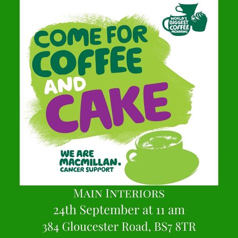 🍰 We are hosting a coffee, cake & tea morning in support of Macmillan. Pop into Main Interiors on Gloucester Road, Bristol on the 24th September at 11am for a lovely slice of cake and a tasty hot beverage & a chat!! #macmillancancersupport #cancerawareness #cancersucks #cancercommunity #togatherwestand # worldsbiggestcoffemorning # maininterios #coffeecoffeecoffee #coffeepeople #goodcoffee #cupcakes #cakes #givealittle #marksamdspencers Macmillan Coffee Morning, Big Coffee, Coffee World, Best Dating Apps, The Door Is Open, Dating Apps, Printable Poster, Dating Humor, Dating Quotes