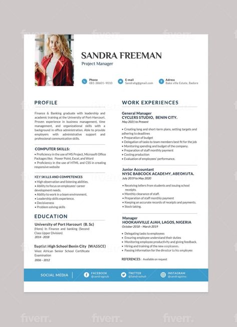 Design professional resume, cv and cover letter template by Branding_acura | Fiverr Cv Original, Applying For A Job, Cv Design Template, Modern Resume Design, Job Resume Examples, Grant Application, Grant Proposal, Benin City, Resume Cover Letter