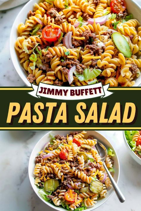 This Jimmy Buffett pasta salad tastes just like a cheeseburger in every bite! Packed with beef, pickles, lettuce, tomatoes, and a special sauce, it's reminiscent of the hit song! Jimmy Buffet Salad, Jimmy Buffett Pasta Salad, Cheeseburger Pasta Salad, Jimmy Buffet Pasta Salad Recipe, Jimmy Buffet Pasta Salad, Cheeseburger Salad, Recipes Using Hamburger, Rotini Pasta Salad, Best Pasta Salad