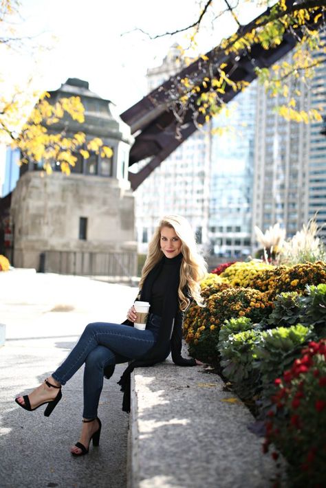 Black Top with Blue Jeans: NYC Bound - Welcome to Olivia Rink Black Turtleneck Top, Olivia Rink, Lipstick Liner, Black Strappy Heels, Black Scarf, Dark Blue Jeans, Long Trips, Black Turtleneck, New York Travel