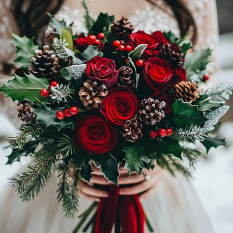 8 Festive Christmas Wedding Bouquet Ideas – A Must-See Guide - Yeah Weddings Winter Vow Renewal, Christmas Wedding Bouquet, December Bride, Christmas Themed Wedding, Winter Ceremony, Christmas Wedding Themes, Christmas Wedding Inspiration, Christmas Wedding Ideas, Winter Greens