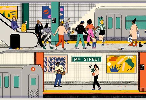 Abbey Lossing on Instagram: “Subway station 🚇 for The NYC Eventbrite city page. This is from a couple years ago - I use less linework (outlines) now, but I’m still fond…” Abbey Lossing, Nyc Subway Art, Subway Station, Space Illustration, Type Illustration, Book Illustration Art, Nyc Subway, Book Projects, Illustration Girl