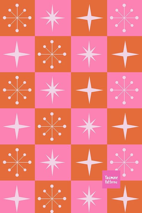 Checkered Retro Starbursts pattern on orange and pink squares Mid Century Modern Christmas, Japanese Graphic, Mid Century Modern Patterns, Art Deco Posters, Japanese Graphic Design, Orange And Pink, Checkerboard Pattern, Mid Century Modern Art, Mid Century Art