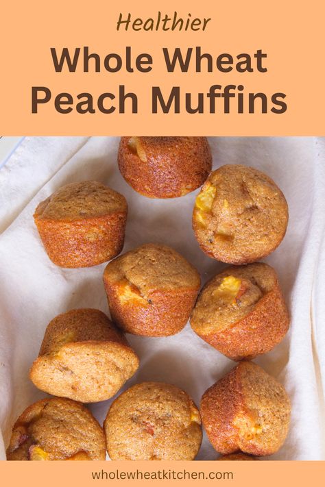 These healthy peach muffins start with a whole wheat muffin base flavored with vanilla and almond, then dotted with sweet fresh peaches. They are perfect for a summer picnic. Whole Wheat Peach Muffins, Healthy Peach Muffins, Peach Muffin Recipes, Muffin Base, Wholesome Breakfast Ideas, Wheat Muffins, Whole Grain Pancakes, Peach Bread, Whole Wheat Muffins