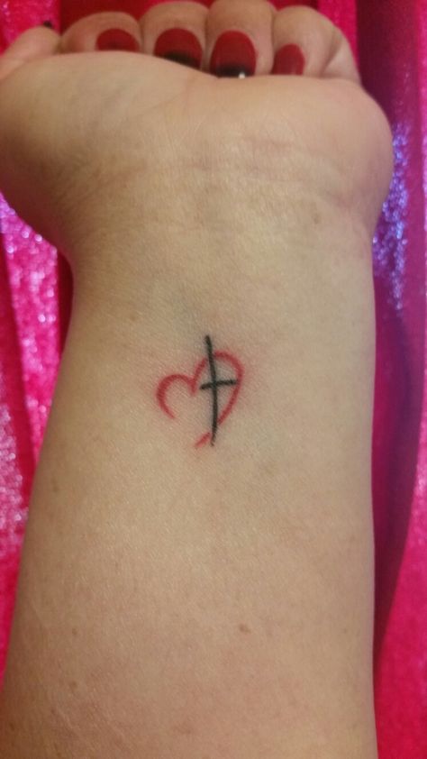 Through the love for Christ anything is possible... Cross In Heart Tattoo, Cross And Heart Tattoo, Heart And Cross Tattoo, Cross Tattoo On Wrist, Brother Tattoos, Verse Tattoos, Tiny Wrist Tattoos, Christ Tattoo, Small Heart Tattoos