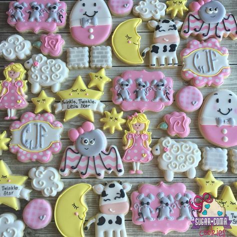 Nursery rhyme baby shower cookies 💗💗💗🎀 #sweets #customsweets #customcookies #sugarcookies #sugarcomacookies #edmond #edibleart… Golden Book Baby Shower, Nursery Rhyme Party, Sweet Baby Shower Ideas, Winter Onederland Birthday Party, Onederland Birthday Party, Baby Shower Theme Decorations, Winter Onederland Birthday, Baby Shower Vintage, 2nd Birthday Party Themes