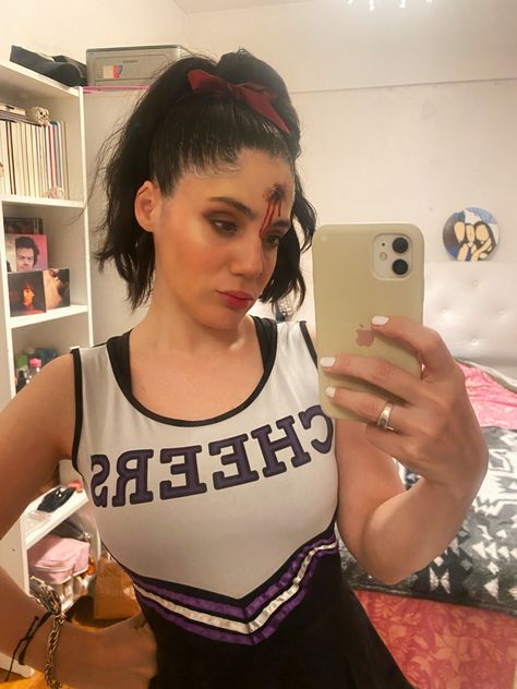 Inspo halloween cheerleader make up Halloween Cheerleader Makeup, Dead Cheerleader Makeup, Dead Cheerleader Costume, Cheerleader Makeup, Halloween Cheerleader, Cheerleading Makeup, Cheerleader Costume, Halloween Costume Outfits, Halloween Hair