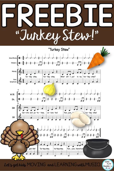 Here's a freebie song and music lesson that will keep my students on track with their music skills.  Keep reading to learn about  how you can use this music lesson freebie “Turkey Stew”.  #novembermusicclasslessons #elementarymusicclassnovemberlessons  #thanksgivingmusiclessons  #thanksgivingmusicclassactivities  #thanksgivingguitarsongs  #thanksgivingukulelesongs  #thanksgivingmusicactivities #elementarymusiceducation  #orfflessons #kodalyteacher #MusicEducationActivities Thanksgiving Music Lessons, Thanksgiving Music Activities, Turkey Songs, Orff Lessons, Turkey Stew, Thanksgiving Music, Music Education Activities, Music Education Games, Thanksgiving Songs