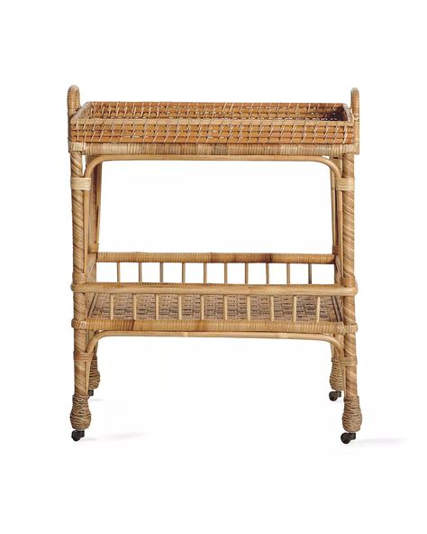 South Seas Rattan Side Cart | Serena and Lily Meredith Ellis, Sarah Bartholomew, Rattan Bar Cart, Blue And White Home, Rattan Bar, Design Darling, Pantry Ideas, Bar Cart Decor, Serena And Lily