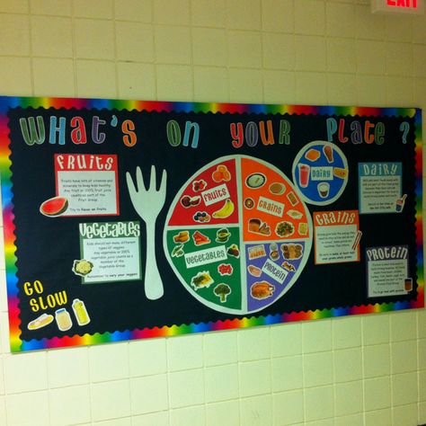 Nutrition bulletin board                                                                                                                                                                                 Más Cafeteria Bulletin Boards, Nutrition Bulletin Boards, Nurse Bulletin Board, Health Bulletin Boards, School Nurse Office, School Nutrition, Nutrition Classes, Pe Ideas, Health Fair