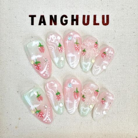 Hello Gorgeous! ️  Welcome to our Tanghulu Nails. We have so many new collections. Hope you find your style of Tanghulu Nails.  🍡  𝐌𝐚𝐭𝐞𝐫𝐢𝐚𝐥: We only work with high-quality materials to create sturdy & long-lasting luxury press on nails that you can trust on. Tanghulu nails will last for: 1- 2 days using adhesive tab (provided with the nail set) 2- 3 weeks using Tanghulu solid glue (sold seperatly). You can reuse all of the nails multiple times if you take care of them. Follow the instru Strawberry Nails Simple, Tanghulu Nails, Nails Almond Shape Pink, Strawberry Nails Acrylic, Strawberry Nail, Nails Almond Shape, Luxury Press On Nails, Liquid Nails, Pretty Gel Nails